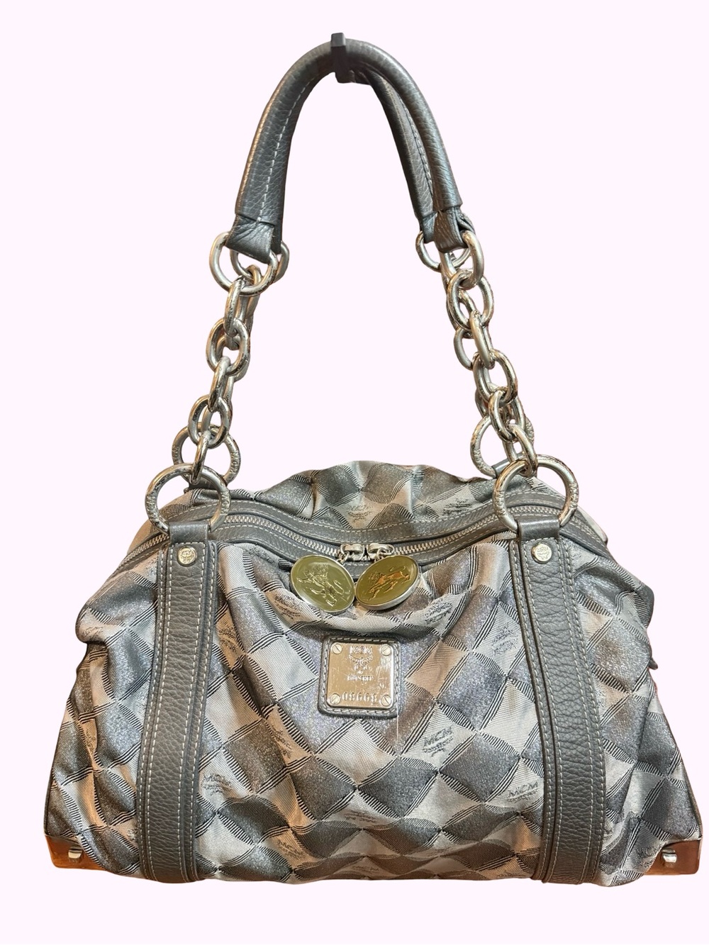 Authentic MCM Gray/silver Harlequin Diamond Jacquard Satchel Bag Silver Hardware